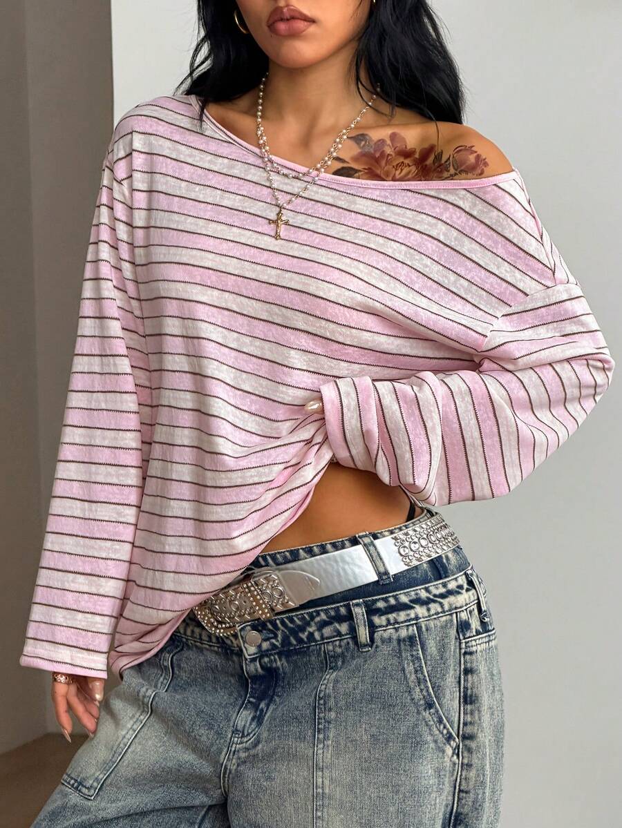 Women's brown striped boat neck long sleeve raglan T-shirt with a loose casual fit