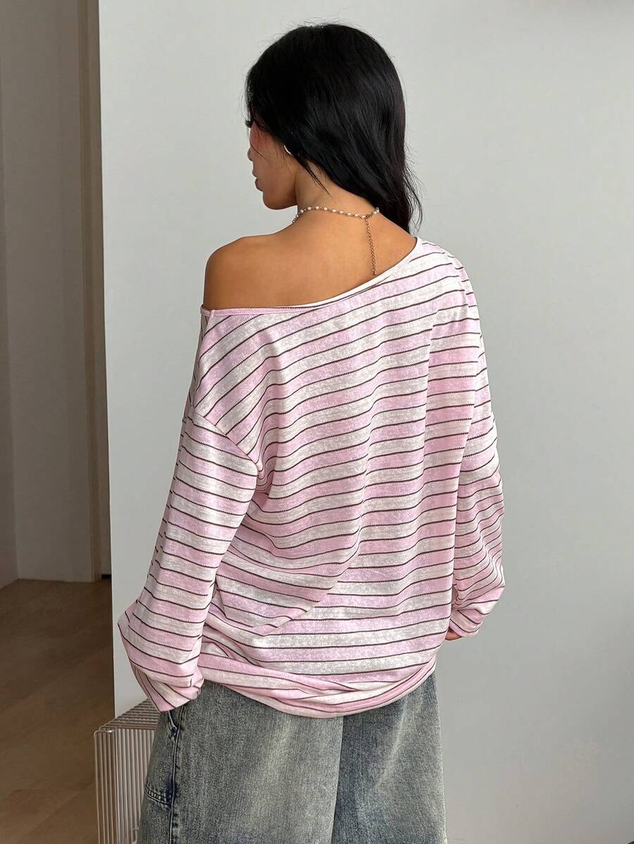 Women's brown striped boat neck long sleeve raglan T-shirt with a loose casual fit
