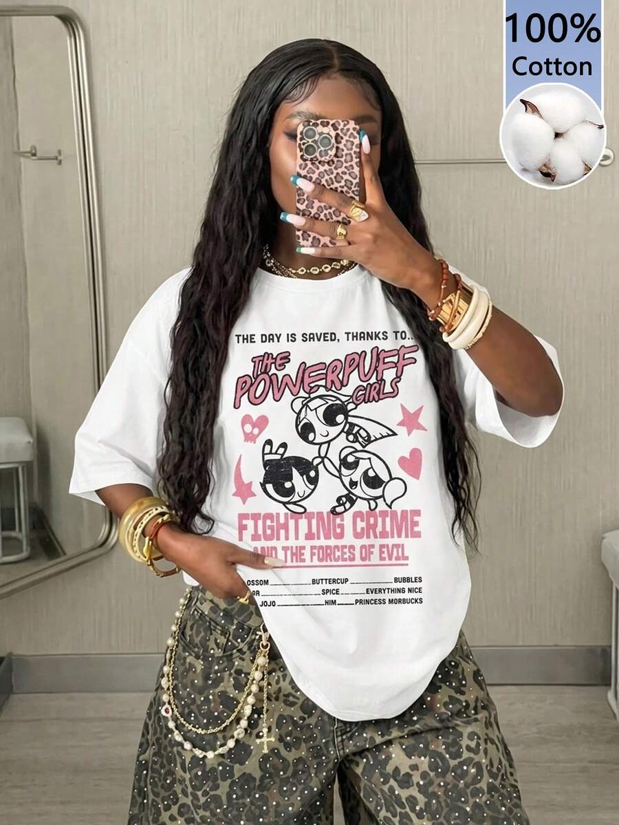 Women's oversized graphic crew neck t-shirt made of 100% white cotton knitted fabric with drop shoulder half sleeves.