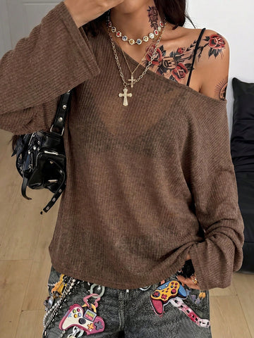 Women's plus size coffee brown rib-knit long sleeve t-shirt featuring an open shoulder cutout and scoop neckline.