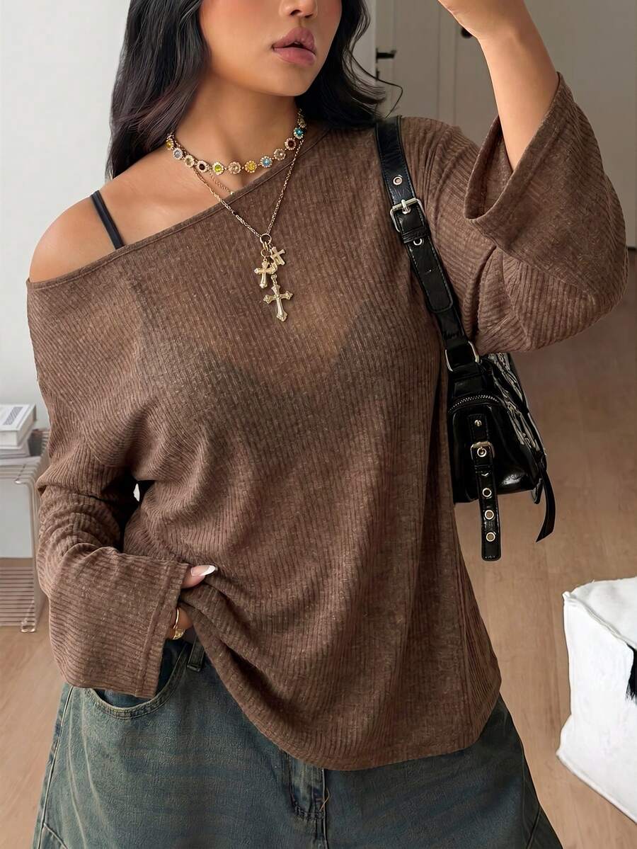Women's plus size coffee brown rib-knit long sleeve t-shirt featuring an open shoulder cutout and scoop neckline.