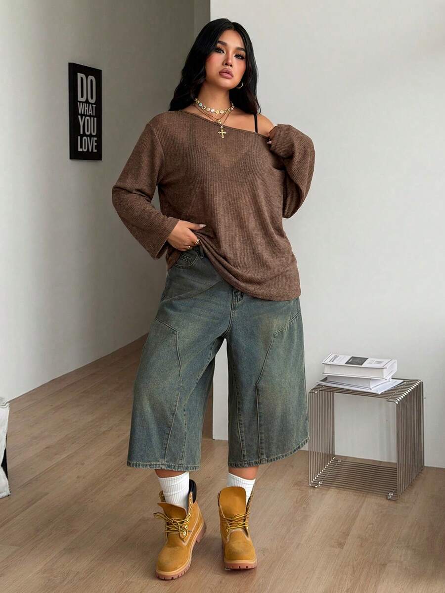 Women's plus size coffee brown rib-knit long sleeve t-shirt featuring an open shoulder cutout and scoop neckline.