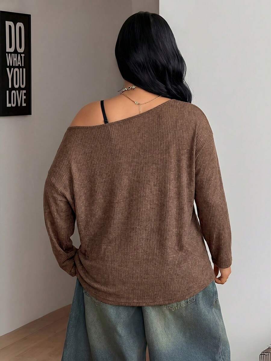 Women's plus size coffee brown rib-knit long sleeve t-shirt featuring an open shoulder cutout and scoop neckline.
