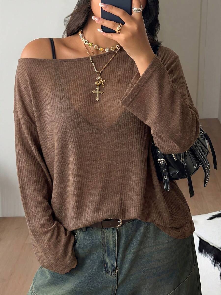Women's plus size coffee brown rib-knit long sleeve t-shirt featuring an open shoulder cutout and scoop neckline.