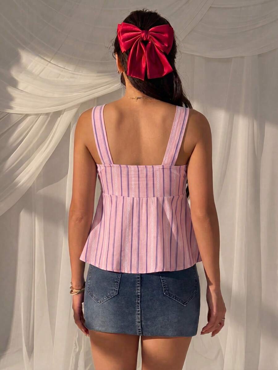 Women's striped camisole tank top with strap neckline, backless knot detail, cold shoulder styling, slim fit, and flared hem for casual vacation or daily wear.