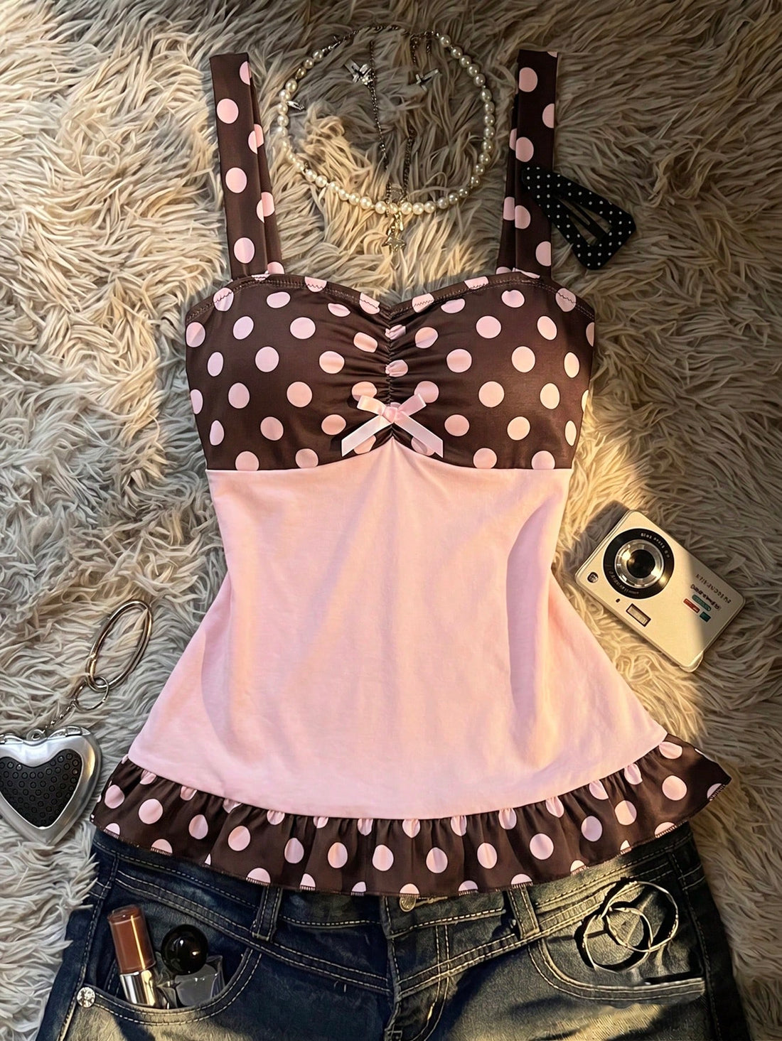 Multicolor Y2K slim fit crop top with wide straps, polka dot print, ruched shirred design, bow accents, and a flared ruffle hem.