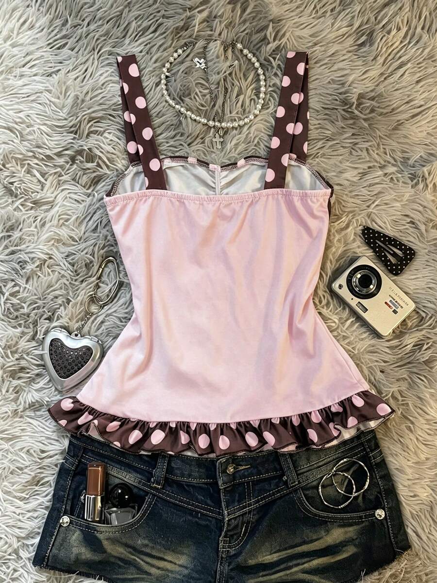 Multicolor Y2K slim fit crop top with wide straps, polka dot print, ruched shirred design, bow accents, and a flared ruffle hem.