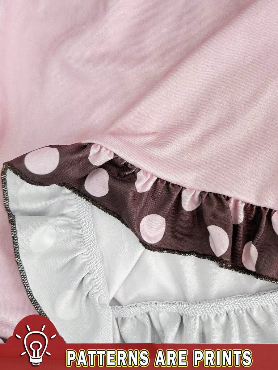 Multicolor Y2K slim fit crop top with wide straps, polka dot print, ruched shirred design, bow accents, and a flared ruffle hem.