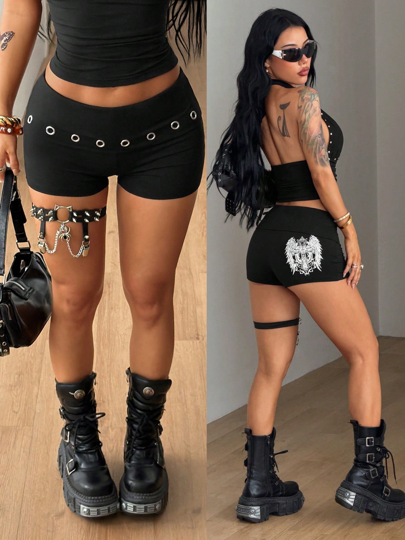 Women's black ultra low rise mini shorts with grommet eyelet and rib-knit details, zipper fly closure, skinny straight-leg fit, and plain knitted fabric.