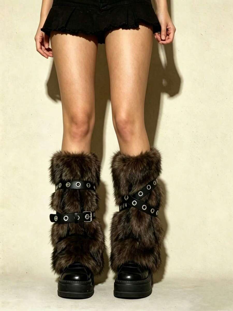 Pair of fuzzy leopard print leg warmers for women in a stylish winter goth aesthetic