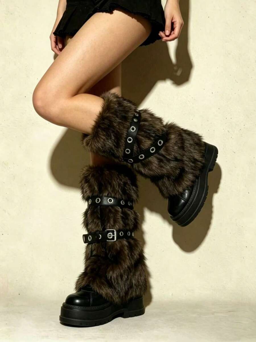 Pair of fuzzy leopard print leg warmers for women in a stylish winter goth aesthetic