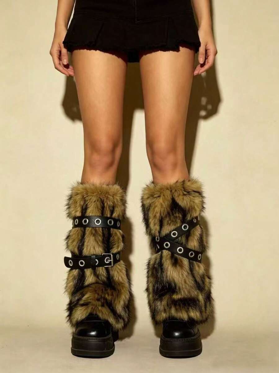 Pair of fuzzy leopard print leg warmers for women in a stylish winter goth aesthetic