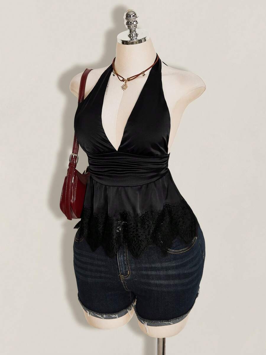 White women's deep V-neck halter tank top with ruched waist, backless design, rib-knit texture, and ruffle hem