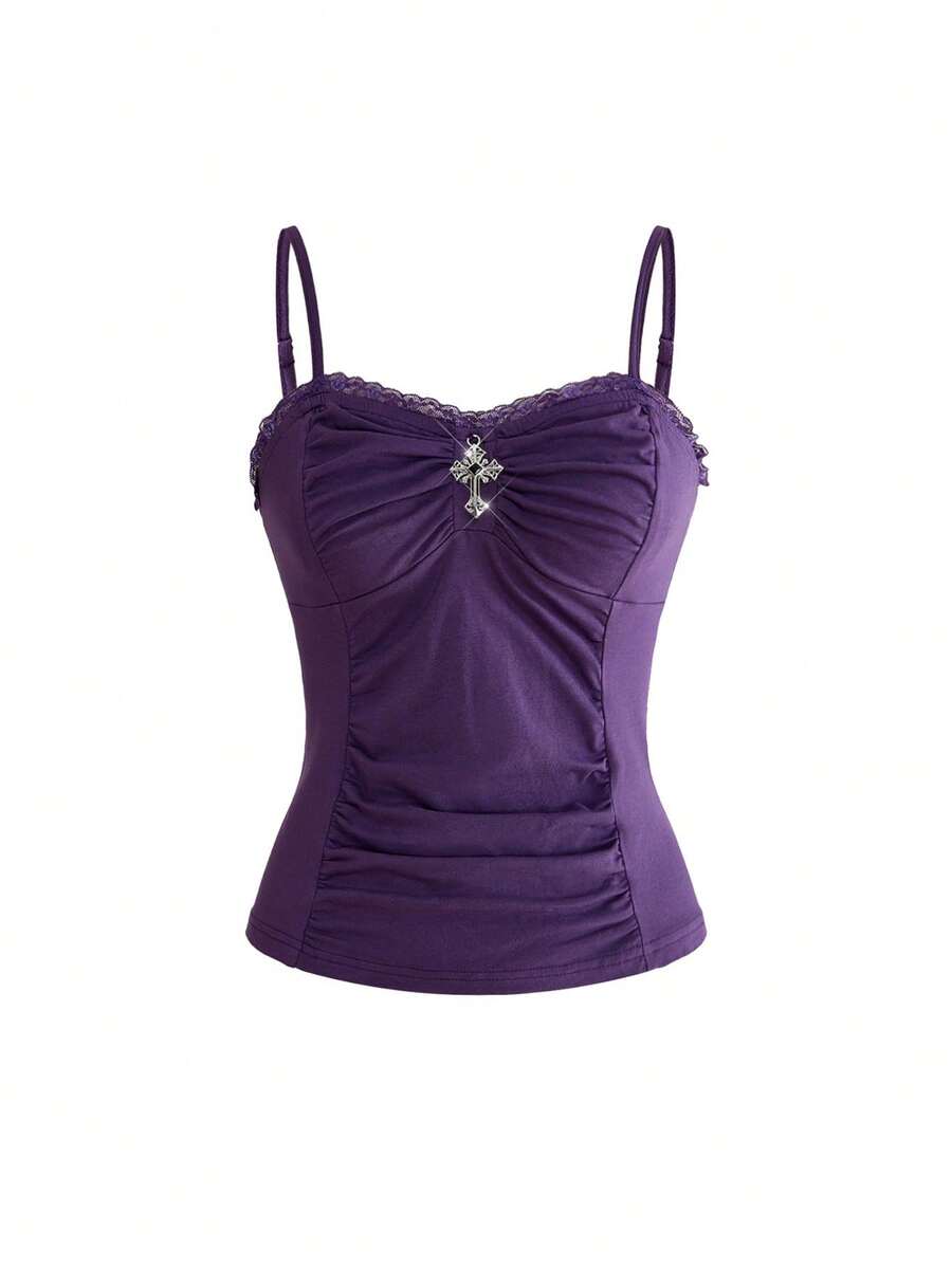 Black gothic spaghetti strap tank top for women featuring contrast lace patchwork, ruched frill details, and a cross pendant accent in a slim fit knitted fabric.