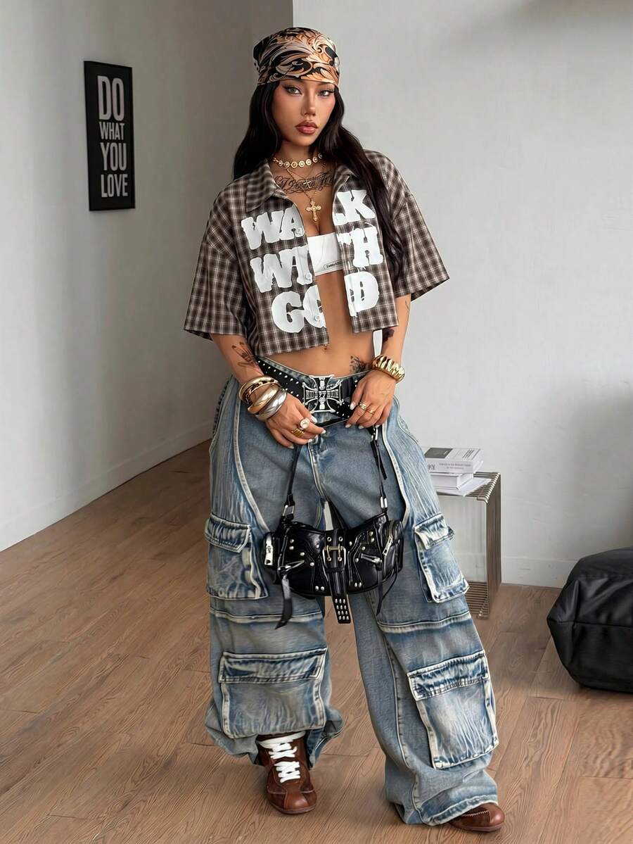 Women's plaid crop shirt with button front, chest pocket, short sleeves, and loose casual fit.