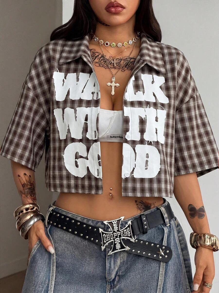 Women's plaid crop shirt with button front, chest pocket, short sleeves, and loose casual fit.