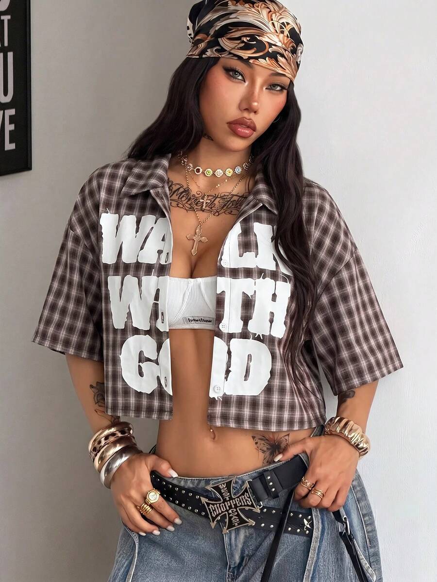 Women's plaid crop shirt with button front, chest pocket, short sleeves, and loose casual fit.