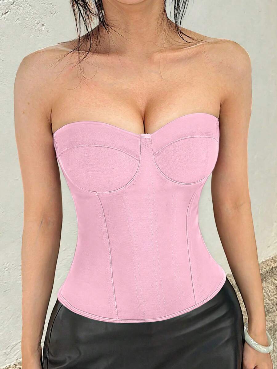 Solid color strapless corset tube top featuring a backless lace-up back design and cropped slim fit.