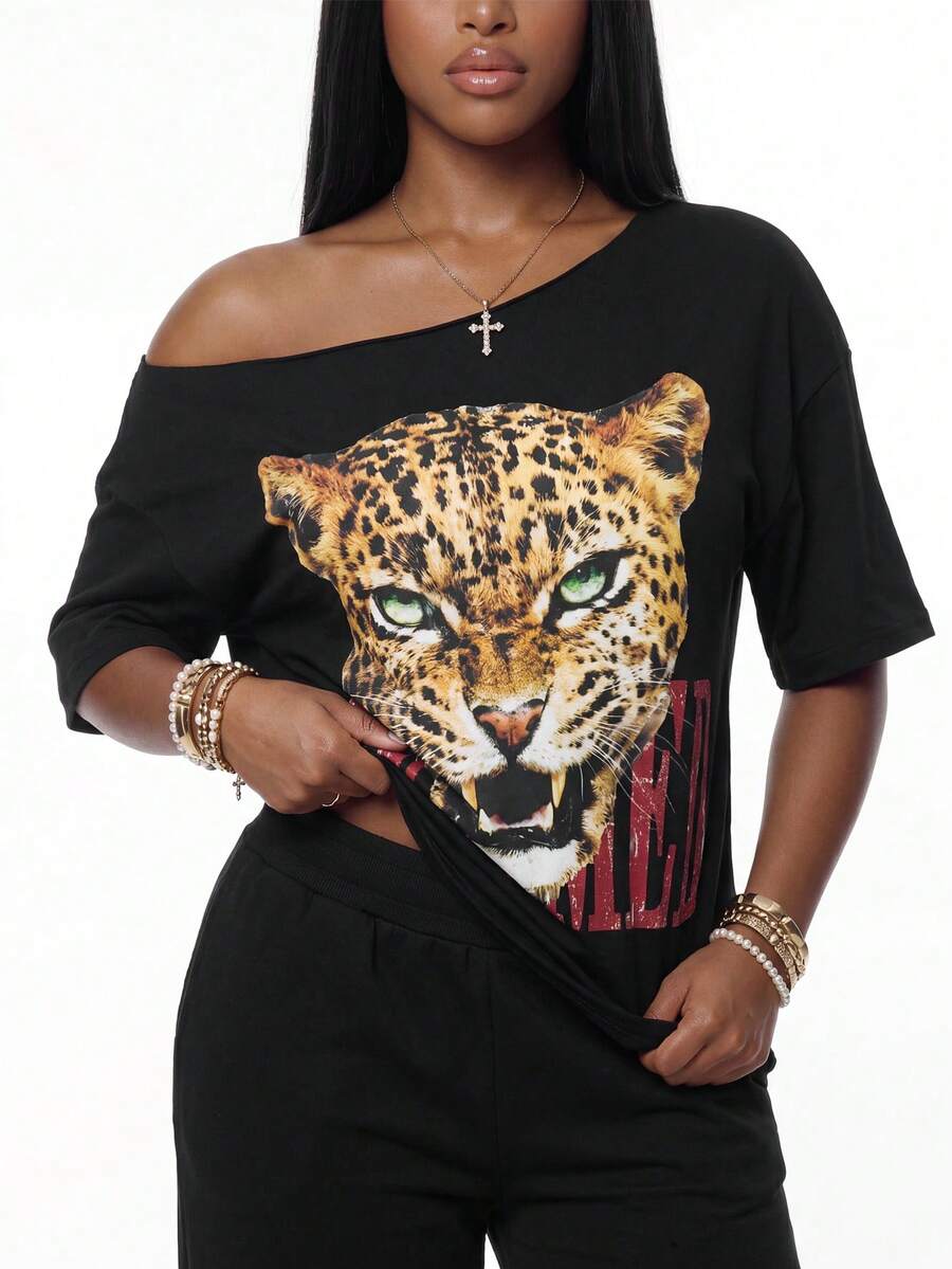 Women's two-piece lounge set featuring a loose drop shoulder asymmetrical neck short sleeve t-shirt and wide-leg knit pants with pockets.