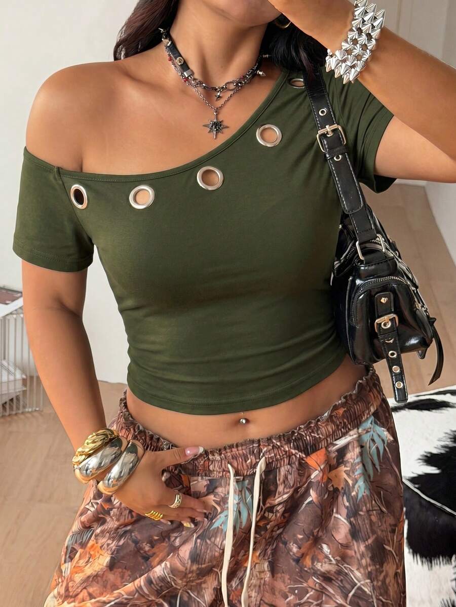 Army green women's one shoulder short sleeve crop t-shirt featuring asymmetrical grommet eyelet details.