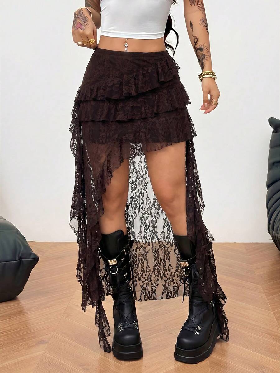 Women's plus size black asymmetrical ruffle maxi skirt with tiered mesh knit detailing and a mid-rise waist