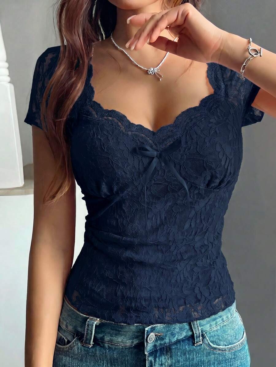 Rafferiza women French romantic lace bowknot top featuring a sweetheart neckline and cap sleeves
