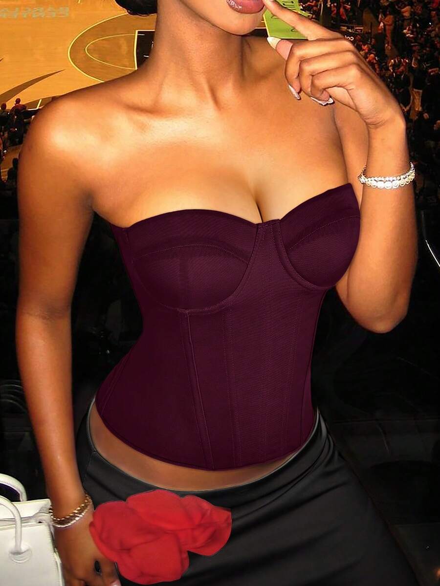 Solid color strapless corset tube top featuring a backless lace-up back design and cropped slim fit.