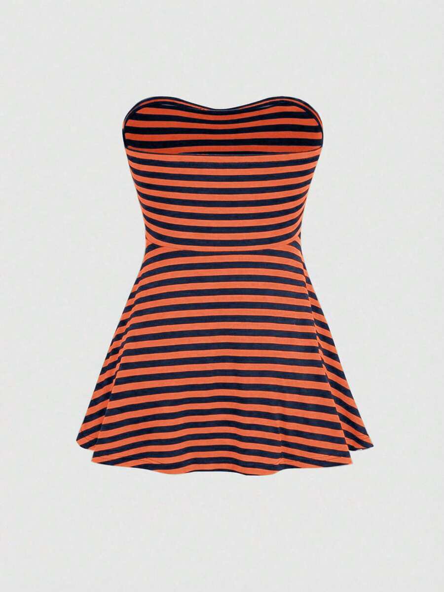 Women's striped strapless tube top featuring ruched detailing, flared hem, and stretchy knit fabric.