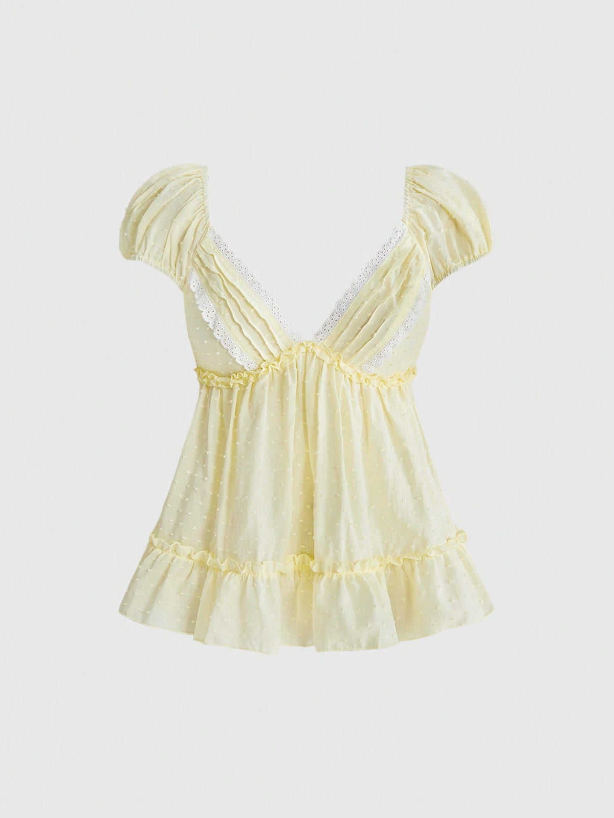 Women's deep V-neck cotton peplum blouse featuring short puff sleeves, delicate frill trim, and a flared hem.