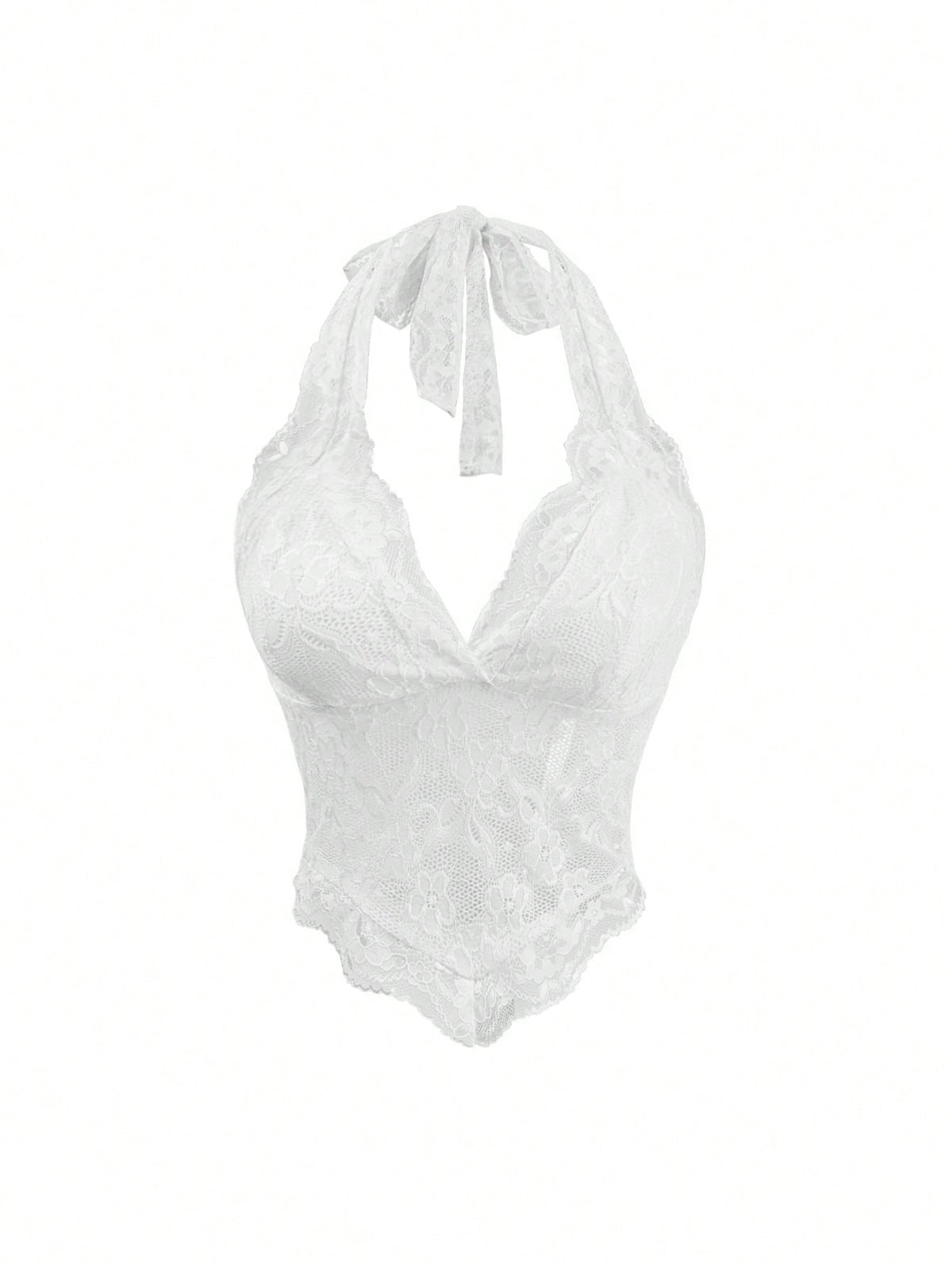 Women's lace halter neck crop top with backless tie closure, scallop trim, and asymmetrical hem.