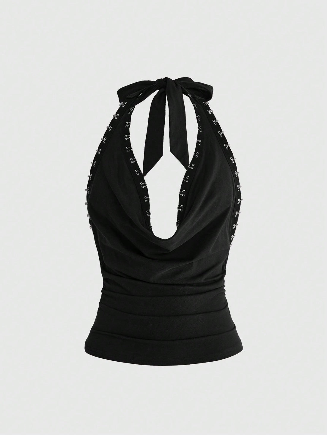 Women's black draped halter neck tank top featuring a slim fit, crafted from high-stretch knitted fabric.