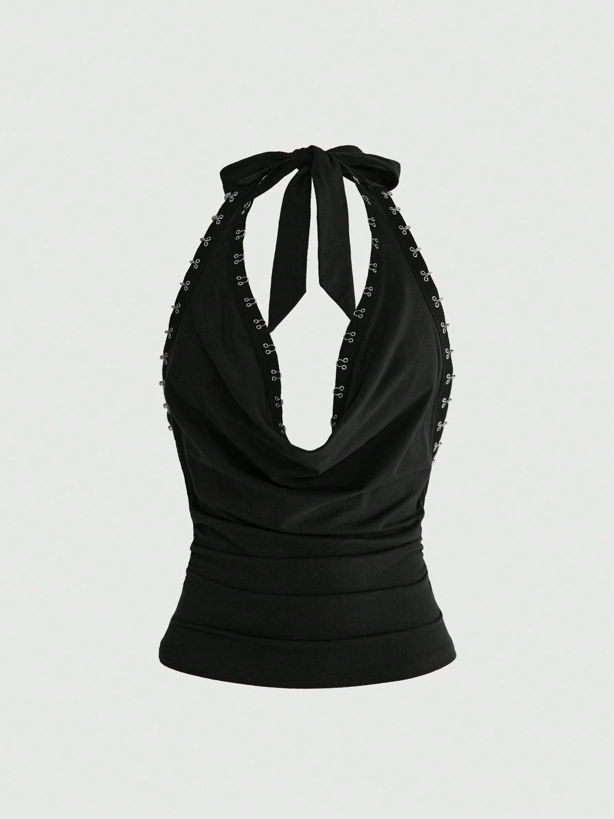 Women's black draped halter neck tank top featuring a slim fit, crafted from high-stretch knitted fabric.