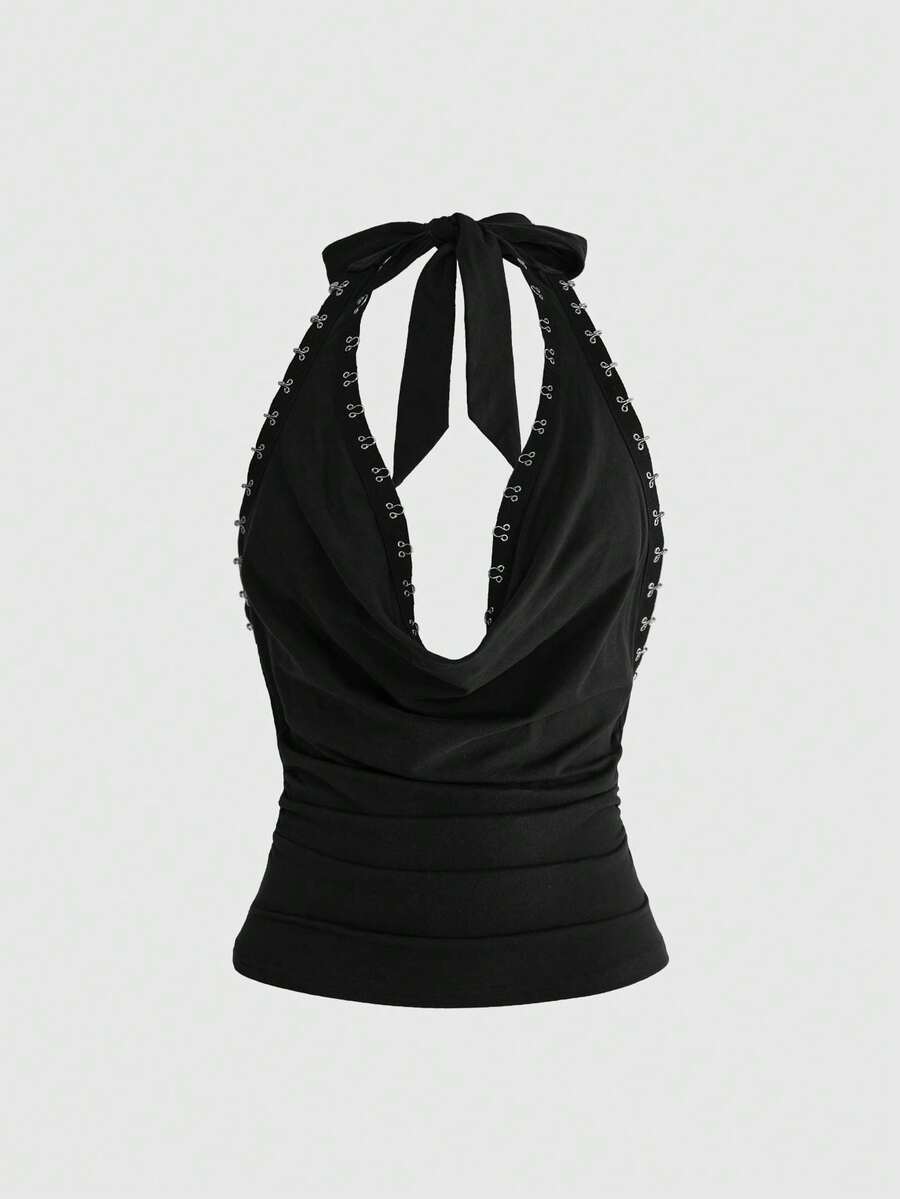 Women's black draped halter neck tank top featuring a slim fit, crafted from high-stretch knitted fabric.