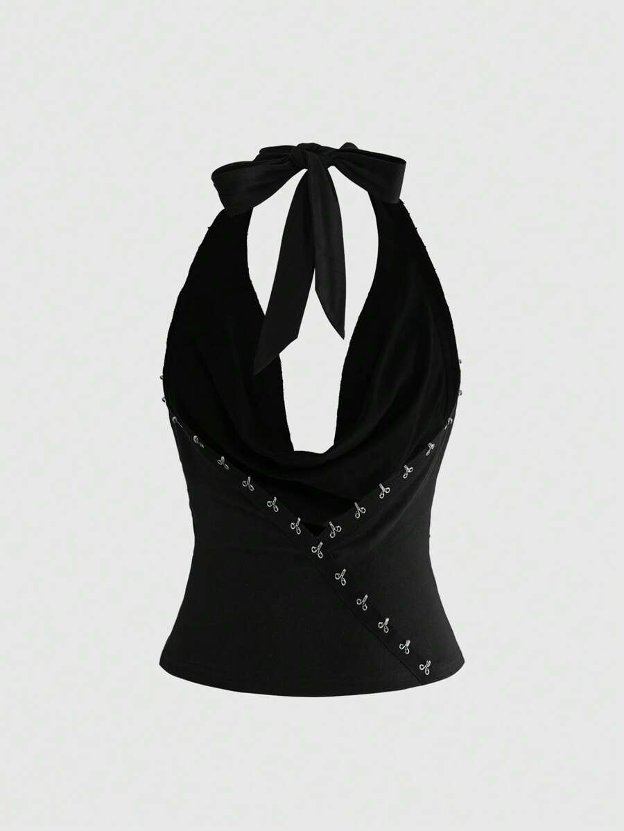 Women's black draped halter neck tank top featuring a slim fit, crafted from high-stretch knitted fabric.
