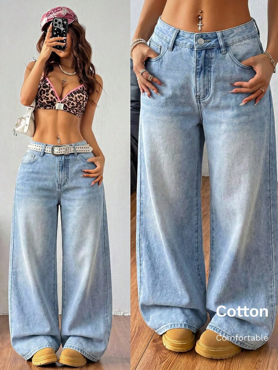 Women's loose wide-leg jeans in light wash denim with low waist and extra-long relaxed fit