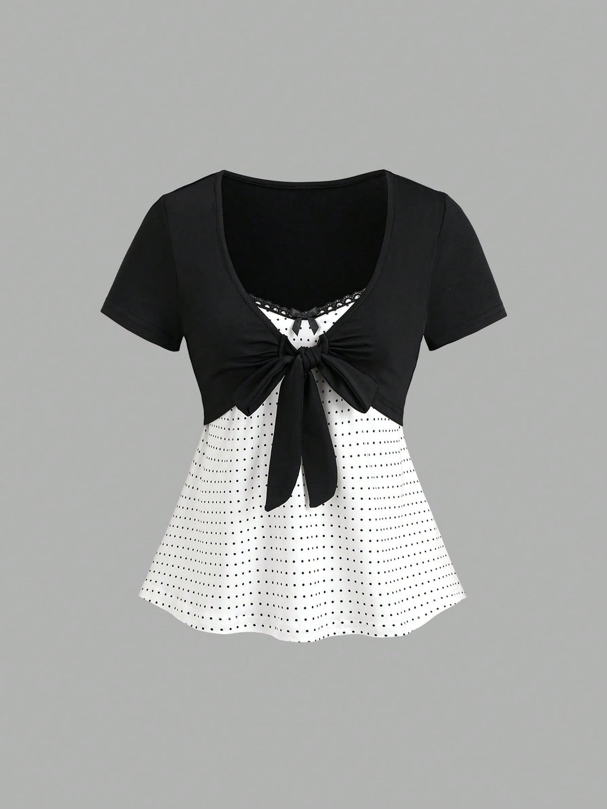 Women's 2-in-1 polka dot short sleeve layering cardigan T-shirt with a Queen Anne neckline and tie-front bow detail.
