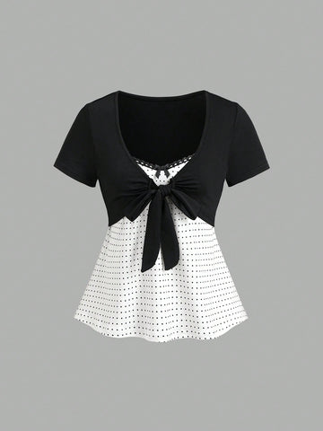 Women's 2-in-1 polka dot short sleeve layering cardigan T-shirt with a Queen Anne neckline and tie-front bow detail.