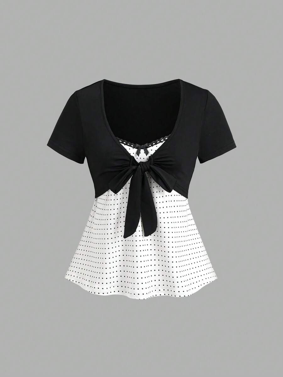 Women's 2-in-1 polka dot short sleeve layering cardigan T-shirt with a Queen Anne neckline and tie-front bow detail.