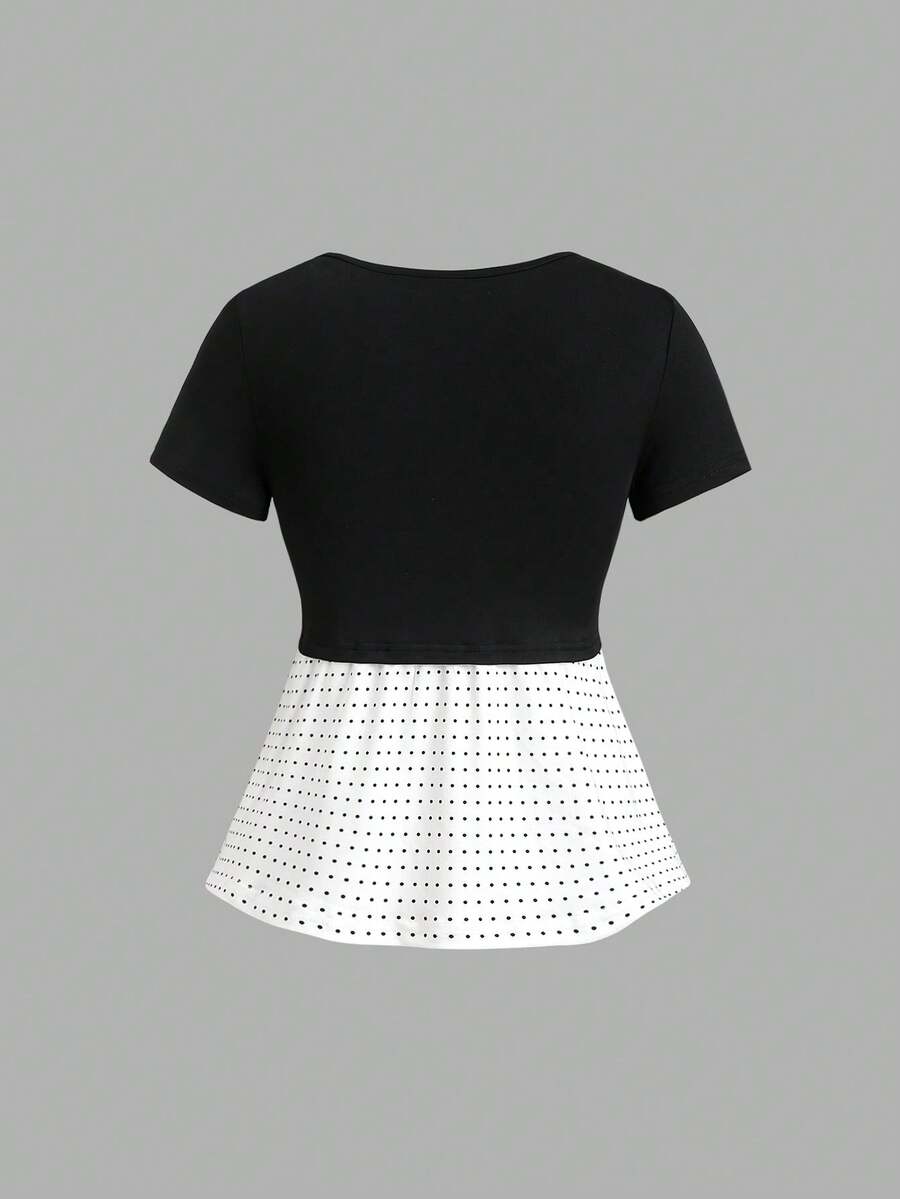 Women's 2-in-1 polka dot short sleeve layering cardigan T-shirt with a Queen Anne neckline and tie-front bow detail.