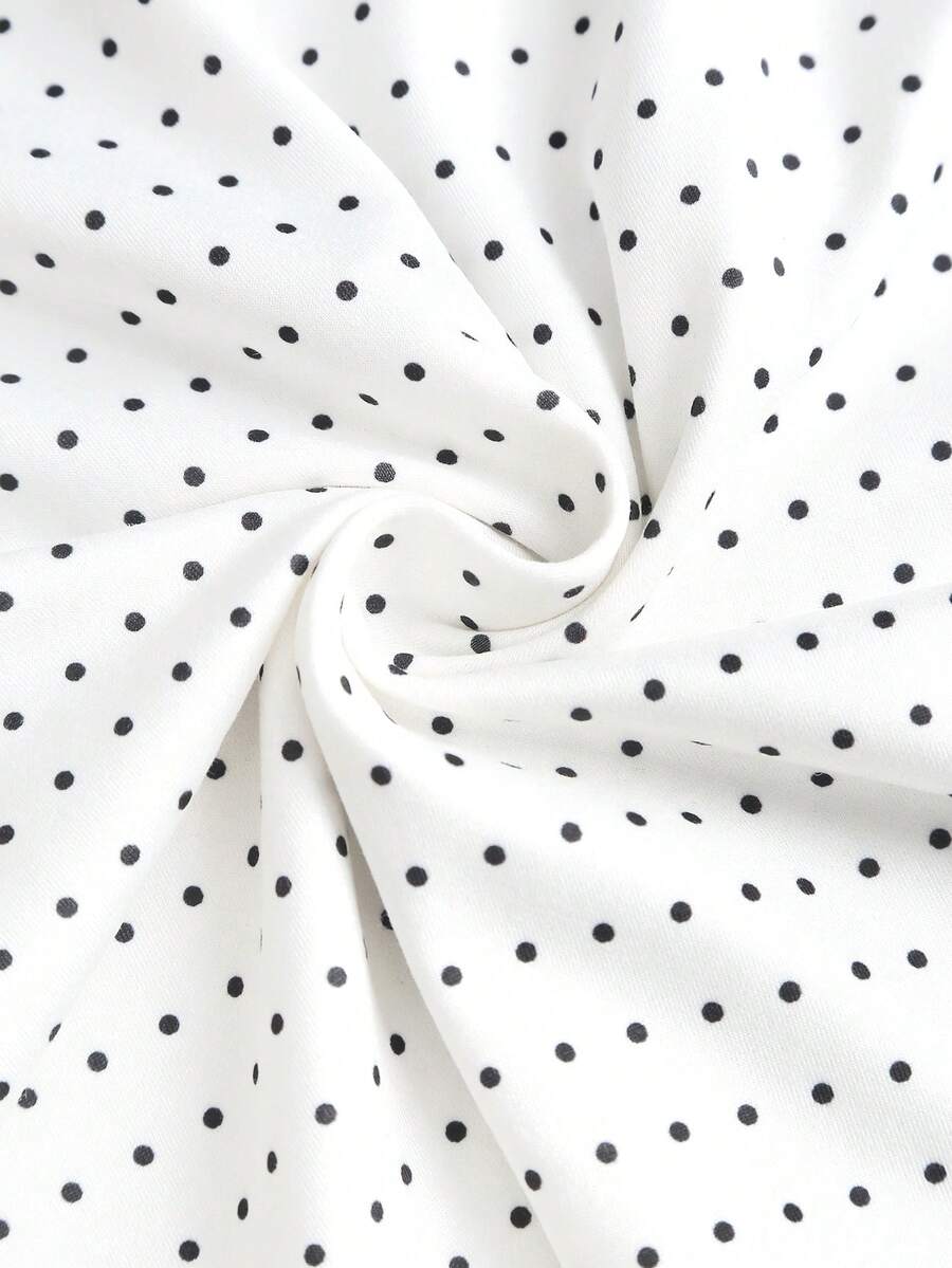 Women's 2-in-1 polka dot short sleeve layering cardigan T-shirt with a Queen Anne neckline and tie-front bow detail.