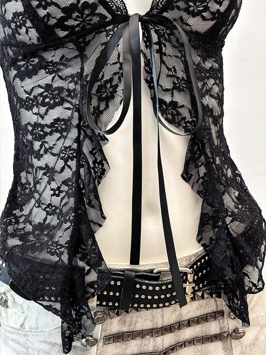 Women's semi-sheer deep V-neck top featuring cap sleeves, contrast lace trimming, and a lace-up front detail.