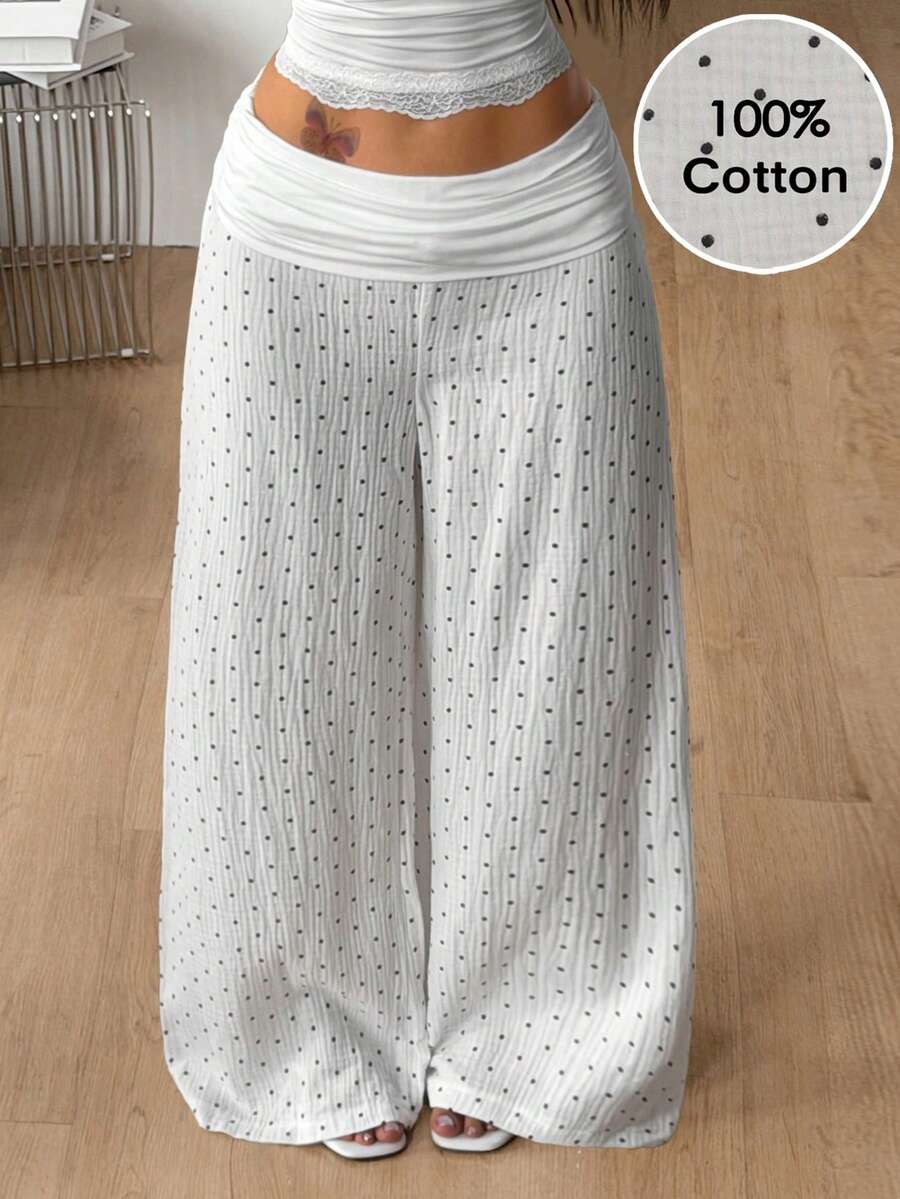 Women's 100% cotton casual wide leg pants with elastic waist and ruched detail
