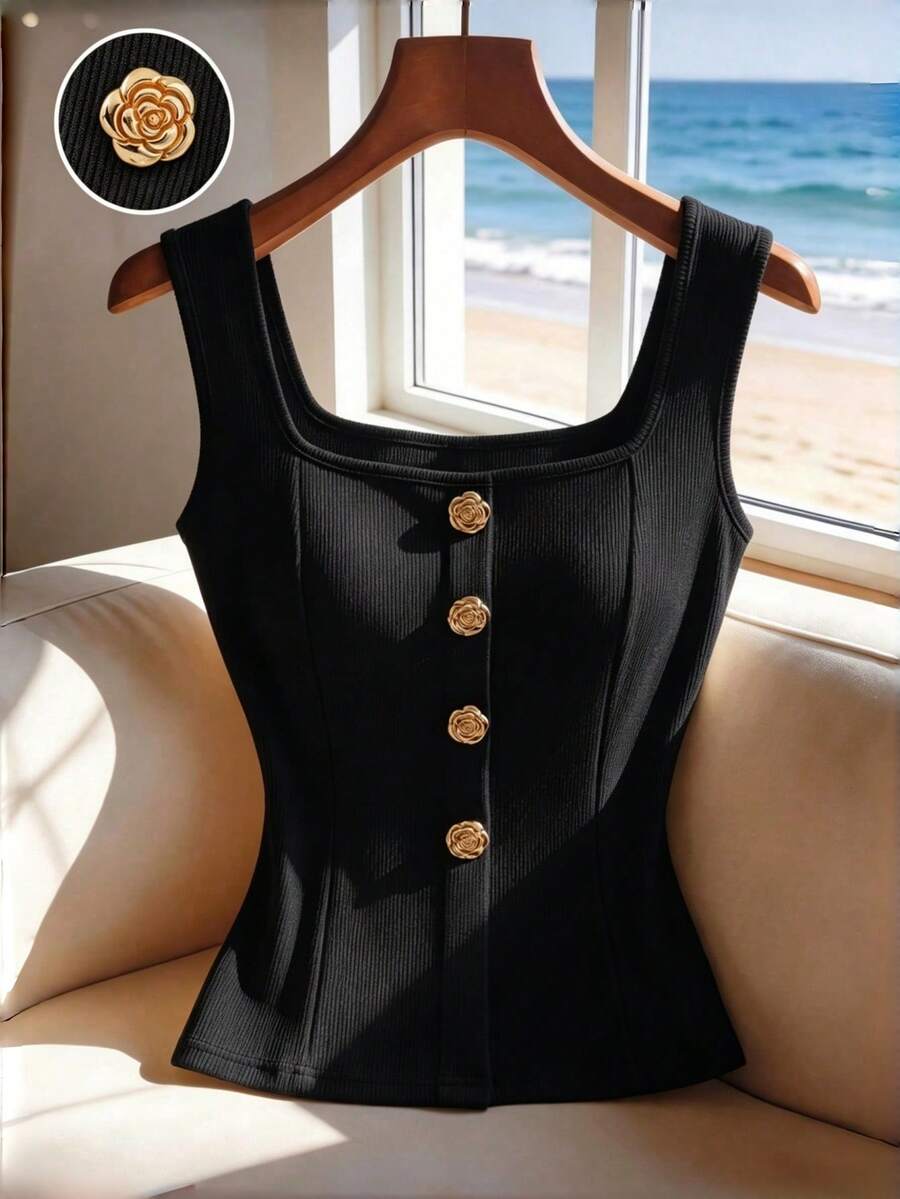 Women's slim fit square neck sleeveless knit tank top featuring a front faux placket with decorative gold metal buttons.