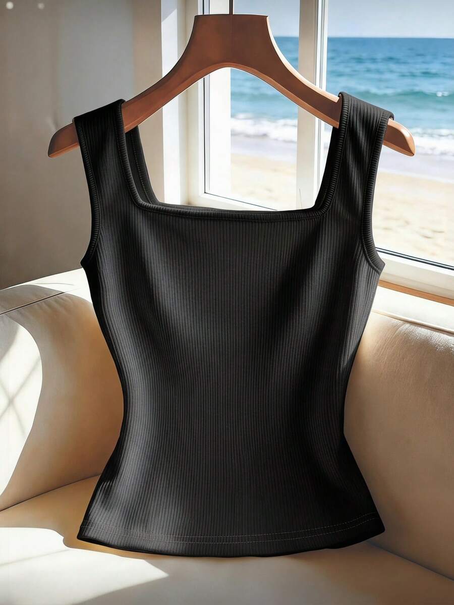 Women's slim fit square neck sleeveless knit tank top featuring a front faux placket with decorative gold metal buttons.