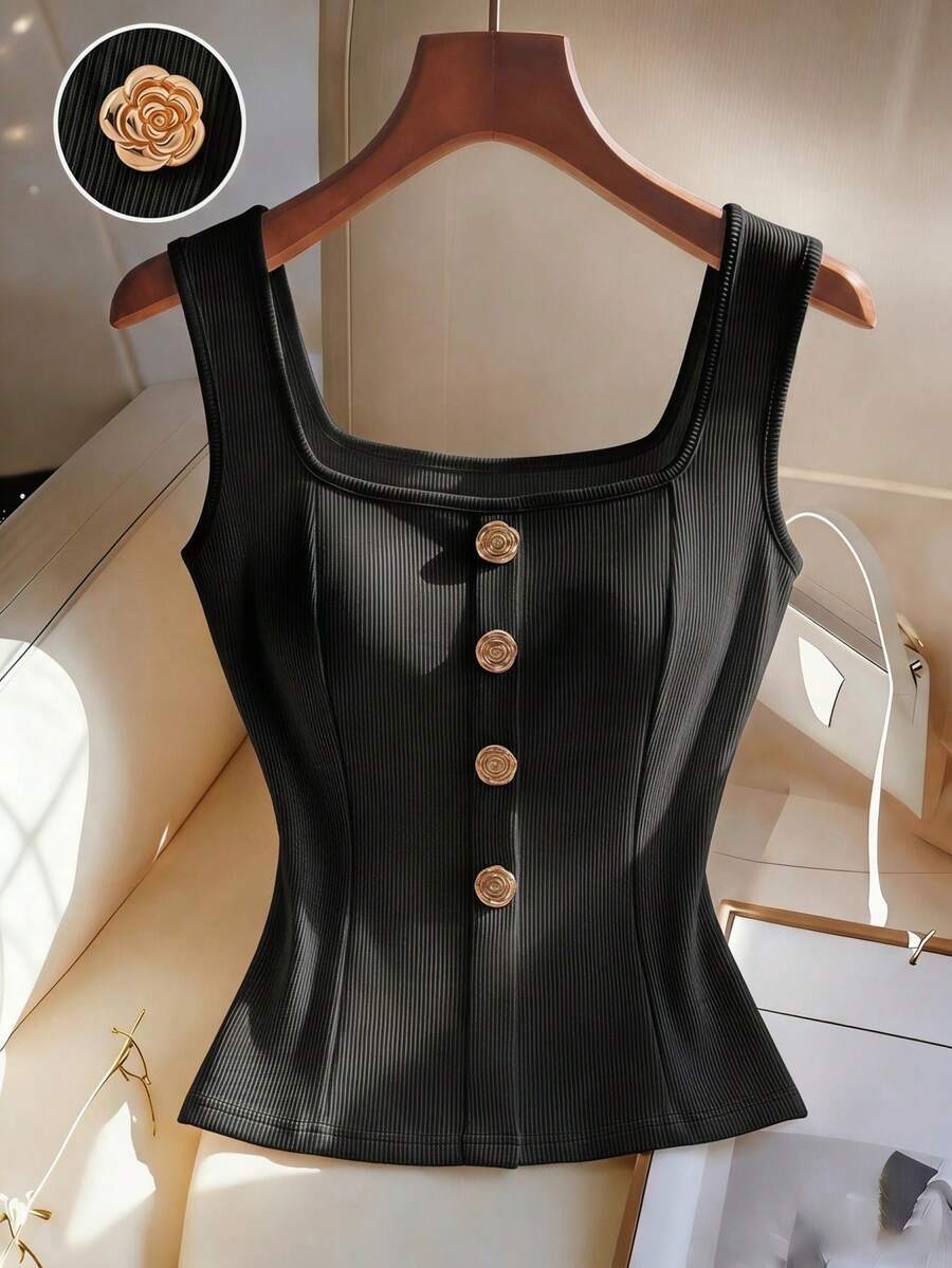 Women's slim fit square neck sleeveless knit tank top featuring a front faux placket with decorative gold metal buttons.