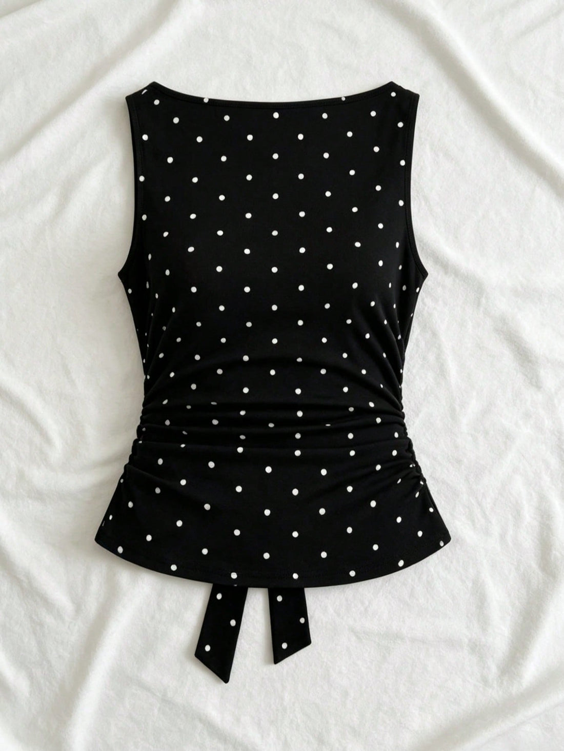 Women's cowl neck tie polka dot pleated tank blouse with ruched details and a regular fit