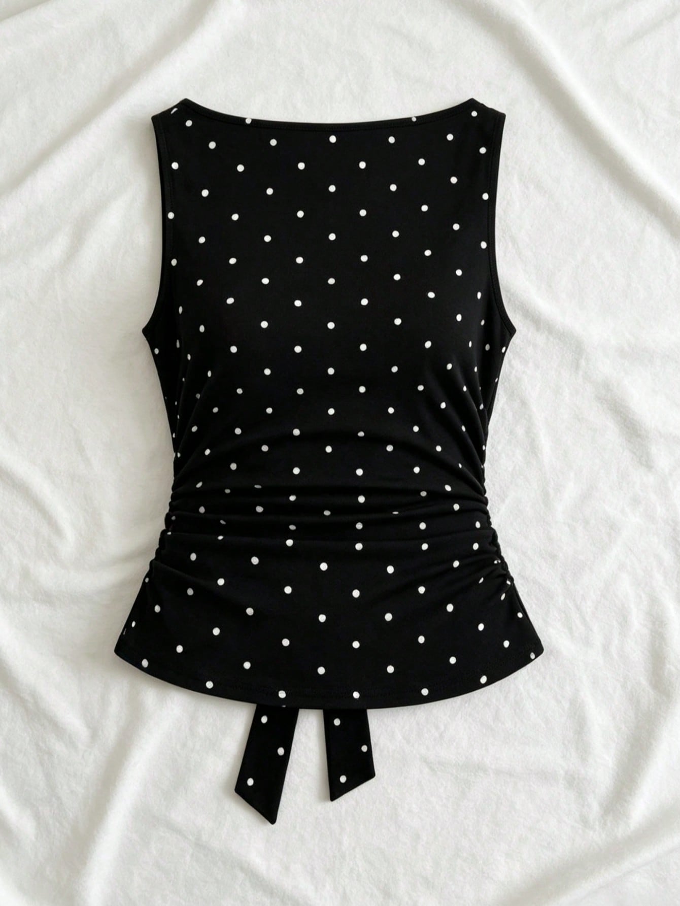 Women's cowl neck tie polka dot pleated tank blouse with ruched details and a regular fit