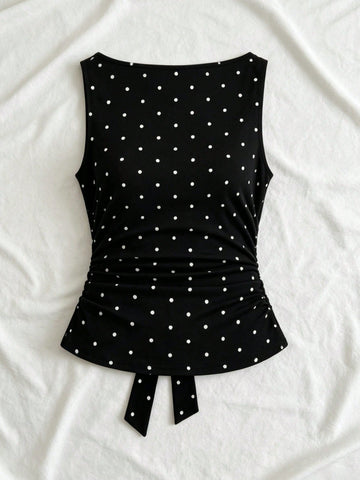 Women's cowl neck tie polka dot pleated tank blouse with ruched details and a regular fit