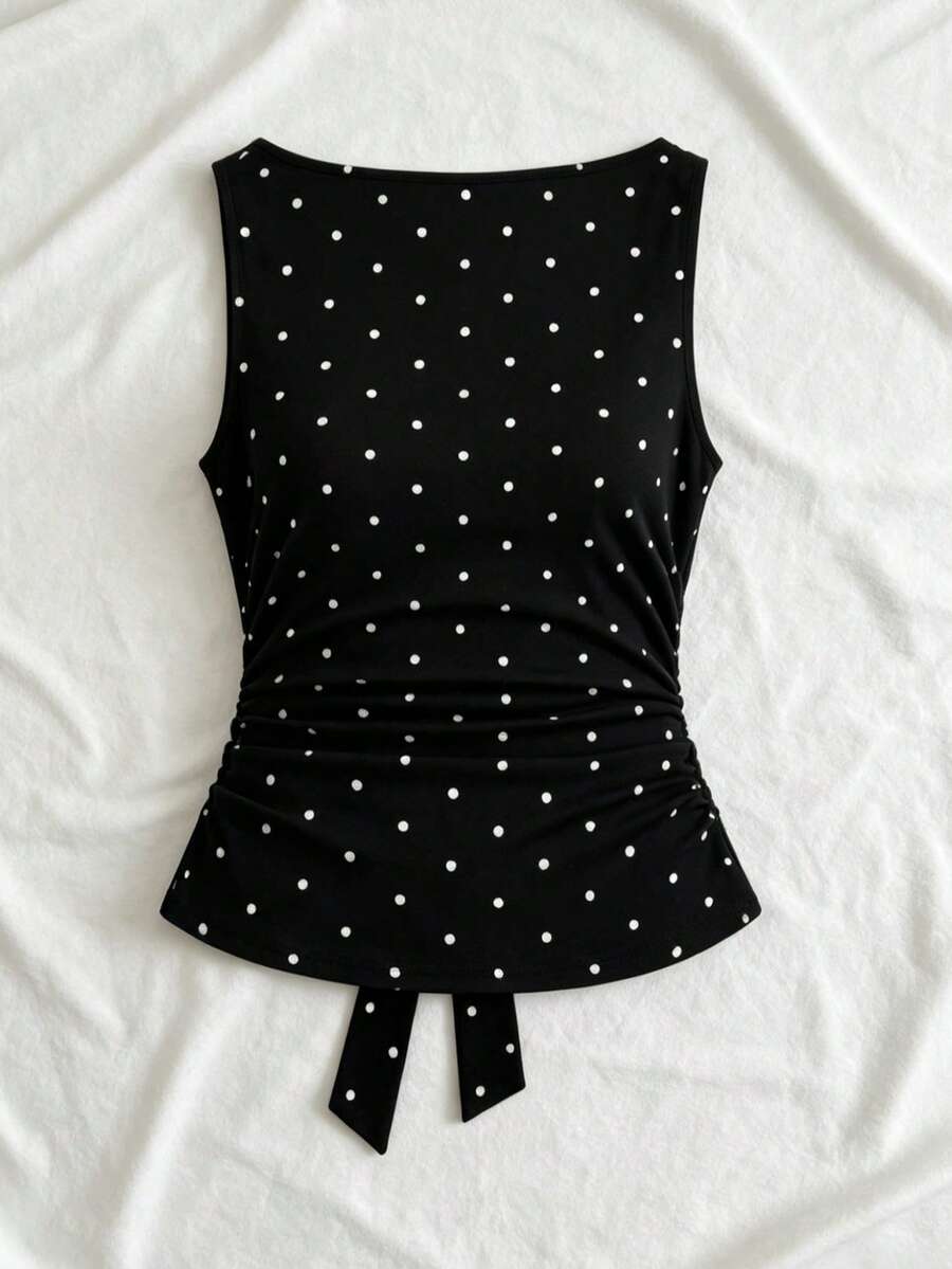 Women's cowl neck tie polka dot pleated tank blouse with ruched details and a regular fit