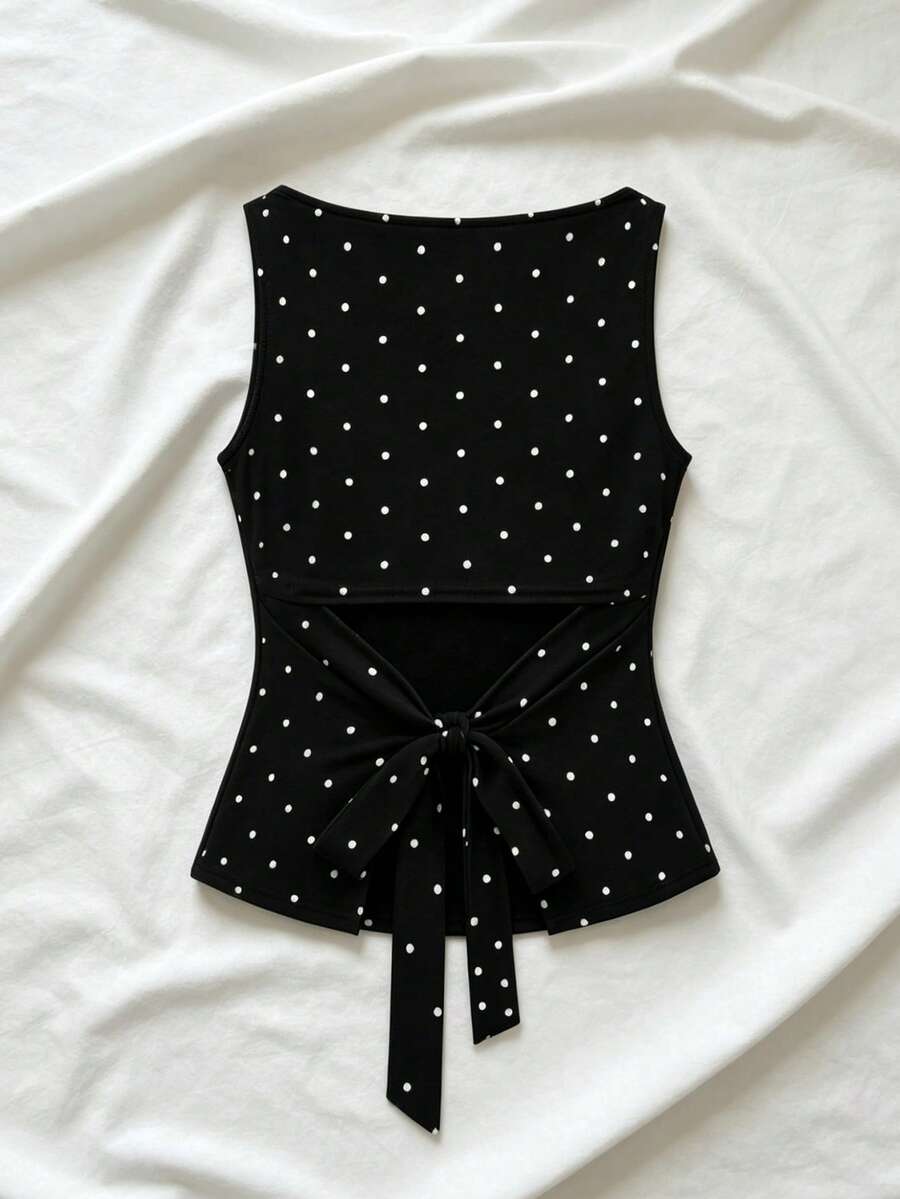 Women's cowl neck tie polka dot pleated tank blouse with ruched details and a regular fit
